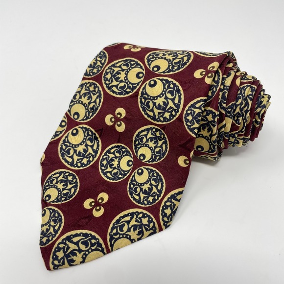 Yves Saint Laurent Mens Silk Tie Burgundy Gold Medallion Geometric Made in USA - Picture 2 of 4